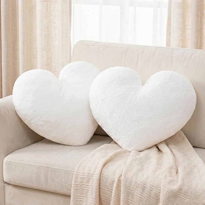 2 Pcs White Heart Pillow Decorative Throw Pillows 16-inch Cute Soft Fluffy Heart Shaped Pillows for Bed Couch Sofa Bedroom Living Room Decor Aesthetic (Milk White, 16"x13.78")