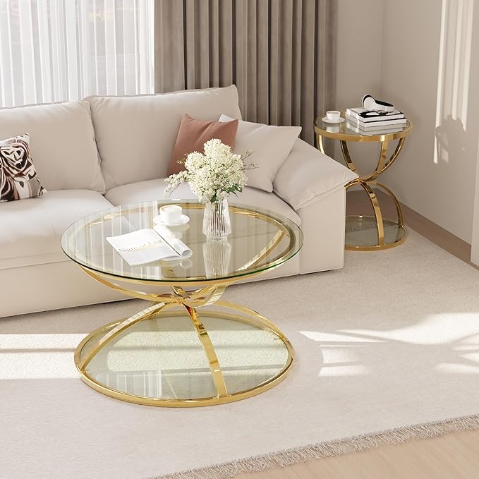 32" Tempered Glass Round Coffee Table with 20" Side Table Set, Modern Gold Frame Dome Base Two Tiers Circle Living Room Center and Small End Tables, Set of 2