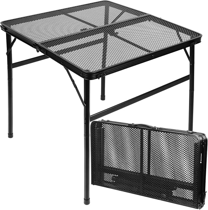Square Folding Card Table with Adjustable Height (12" & 26"), Black Portable Metal Mesh Table for Camping, BBQ, Picnic, Game, Patio & Indoor Use, Fits 2–4 People, Lightweight 7.6 lb, Supports 66 lb by EEASTSTORM