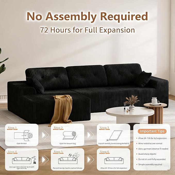 Ball & Cast 106'' Convertible Sectional Sofa for Living Room,Modern Modular L-Shaped Couch,Boneless Comfy Corduroy Fluffy Couch with Deep Seat,Hight Weight Capacity,Right Facing Chaise (Black)