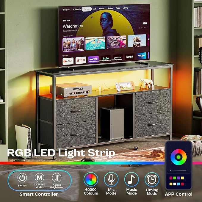 Huuger 47 Inch TV Stand Dresser with Power Outlets and LED Lights, Fabric Dresser for Bedroom with Storage, 4 Drawers Entertainment Center with Open Shelf, Media Console for 55 50 Inch TV, Black - Image 2