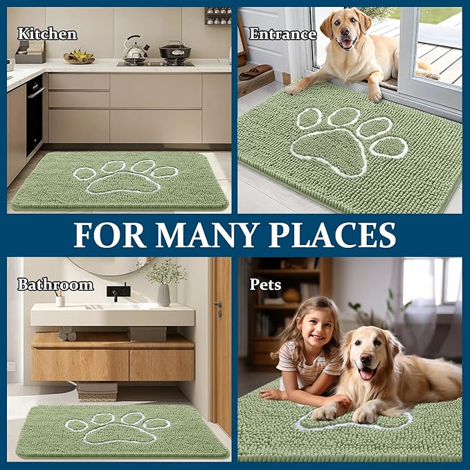 OLANLY Dog Door Mat for Muddy Paws 24x16, Paw Print Design, Absorbs Moisture and Dirt, Non-Slip Washable Doormat, Quick Dry Chenille Mud Mat for Dogs, Entry Indoor Entryway Carpet, Sage Green - Image 8