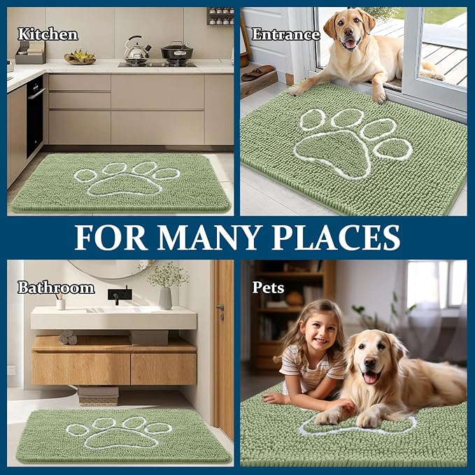 OLANLY Dog Door Mat for Muddy Paws 70x46, Paw Print Design, Absorbs Moisture and Dirt, Non-Slip Washable Doormat, Quick Dry Chenille Mud Mat for Dogs, Entry Indoor Entryway Carpet, Sage Green - Image 8