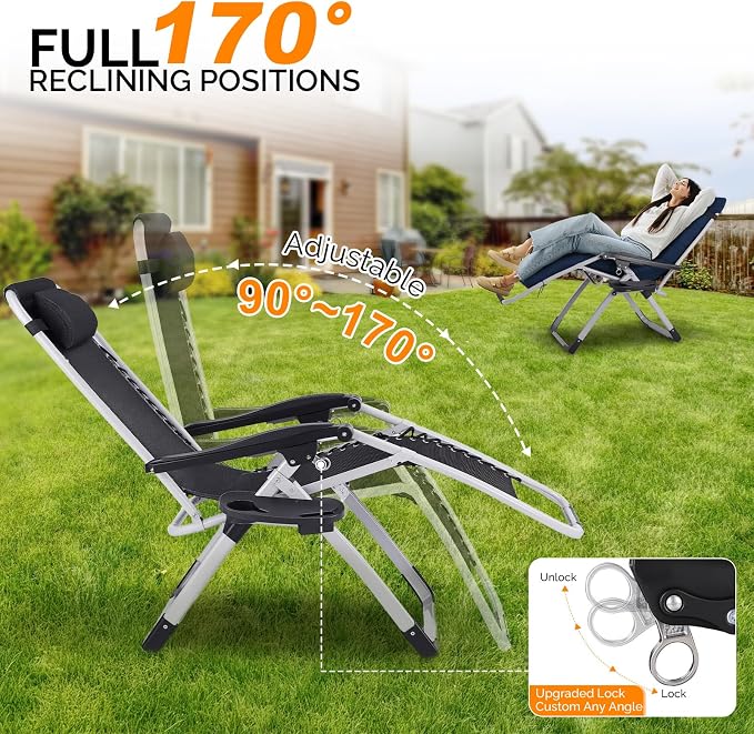 VINGLI Padded Zero Gravity Chair, Lounge Chair with Removable Cushion & Tray， Folding Reclining Patio Chairs， Recliner Chair for Lawn，Indoor and Outdoor-Blue - Image 4