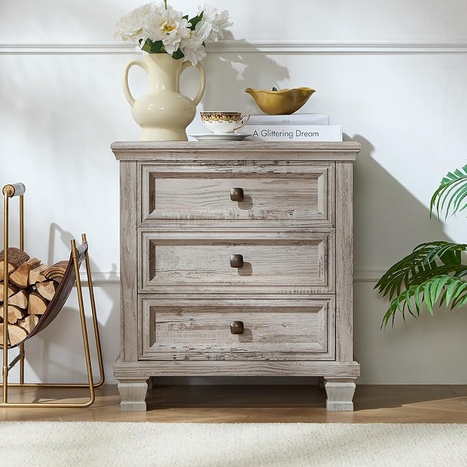 SAVOR LIFE Farmhouse Nightstand Set of 2, Rustic Accent End Table with 3 Drawers & 4 Square Solid Wood Legs, Vintage Bed Side Table with Storage, Small Dresser for Bedroom, Living Room, Grey - Image 7