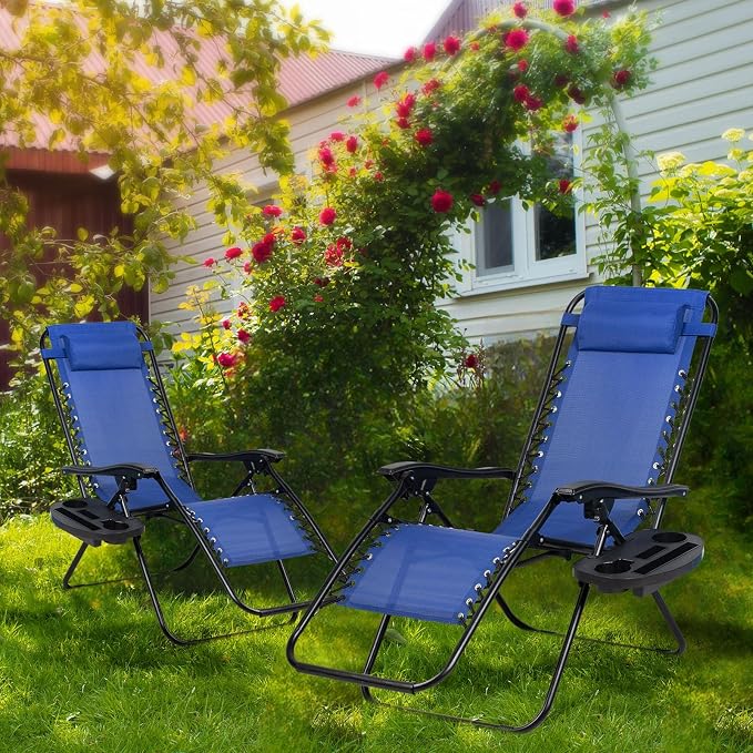 Nazhura Set of 2 Relaxing Recliners Patio Chairs Adjustable Steel Mesh Zero Gravity Lounge Chair Beach Chairs with Pillow and Cup Holder (Blue) - Image 2