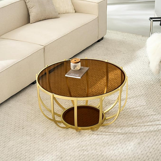 Saint Mossi Glass Round Coffee Table for Living Room, Modern 2-Tier Gold Drum Center Table, Brown Glass Top, Glass Shelf with Gold Finish Legs & Frame, W30xH16.5