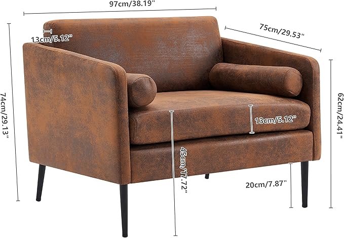 Karl home Mid-Century Club Chair 38.2" Living Room Sofa Oversized Bronzing Cloth Upholstered Accent Chair with Metal Legs for Living Room, Bedroom, Balcony, Apartment, Office, Brown