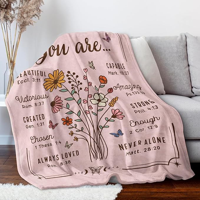Christian Gifts for Women, Christian Floral Throw Blanket, Birthday Religious Gifts for Women Friendship, Inspirational Scripture Faith Gift for Friend, Sister, Mom, Daughter (50'' x 60'', Pink)