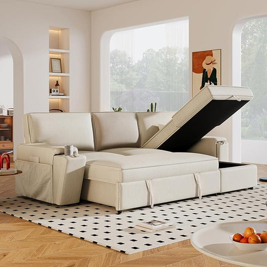 Modern Reversible Sleeper Sectional Sofa W/Pull Out Couch Bed and Large Capacity Storage Chaise, L-Shaped Corduroy Upholstered Sofa&Couch Convertible Sofabed with Hidden Cupholders for Living Room