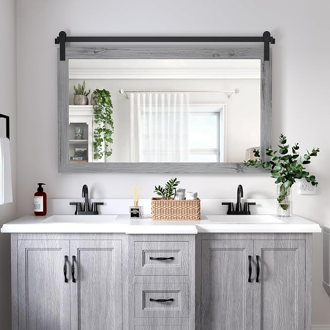 COGOOD Farmhouse Bathroom Mirror - 49 x 30 Large Rectangle Barn Door Mirror for Vanity, Bedroom, Living Room Wall Decor (Grey) by COGOOD