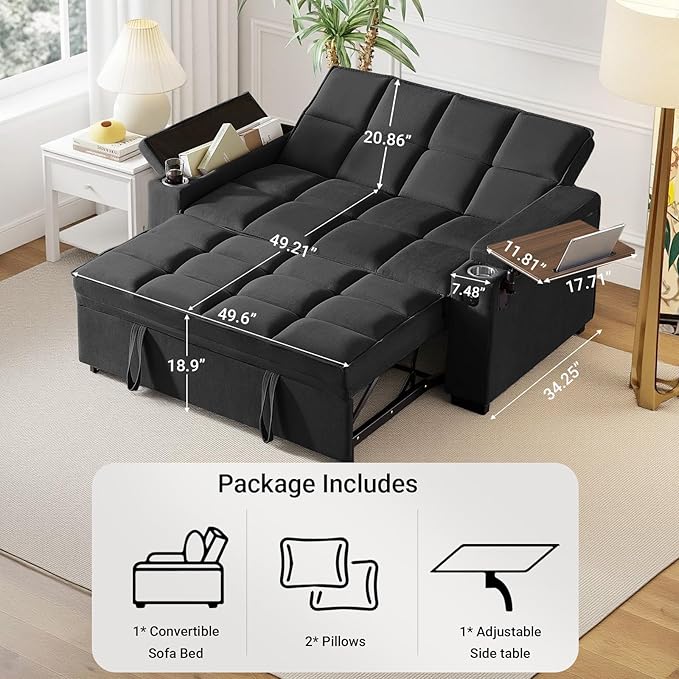 65'' 3-in-1 Sleeper Sofa Bed with Pull-Out Couch & Side Table, Convertible Loveseat with Adjustable Backrest, Velvet Chaise Lounge with USB & Type-C Ports, Black