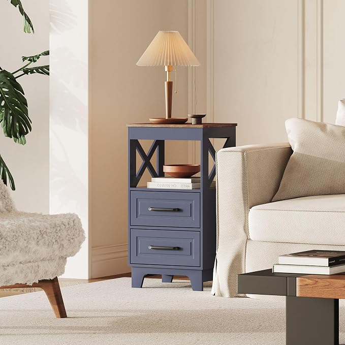 Tall Nightstand Set of 2 Side Table with 2 Drawers Modern Night Stand Wooden Rustic End Table Bedside Table with Upper Open Shelf Solid Feet for Bedroom Navy Blue+Walnut - Image 2