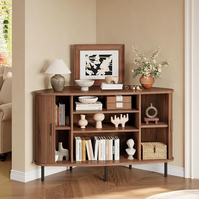 47" Corner TV Stand for up to 55" TVs, Modern Fluted Sliding Door Cabinet with Power Outlet, Wood Storage Entertainment Center, Media Console for Living Room, Walnut - Image 4