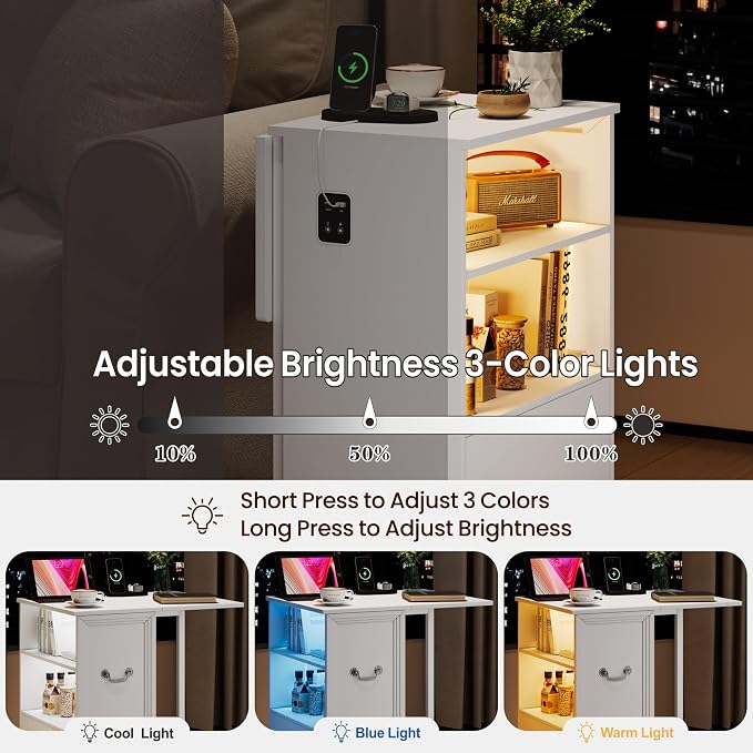 Lareth Side Table with Charging Station and Led Lights, Foldable Narrow End Table with Drawers and Bookshlef, Rolling Tall Nightstand for Small Space, Living Room (White-1pcs) - Image 3