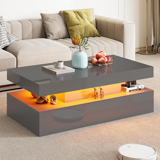 AMERLIFE High Gloss 2-Tier LED Coffee Table, 40" Modern Center Table with LED Lights, Open Storage Space, Minimalism Rectangular Sofa Side Table for Living Room, Gray
