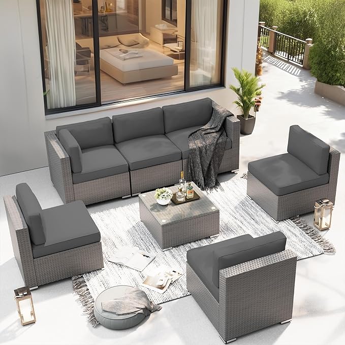 SUNCROWN Outdoor Patio Furniture Set 7 Piece Outdoor Sectional Sofa Grey Wicker Conversation Sofa Set with Coffee Table, Cushions and A Waterproof Cover -Grey