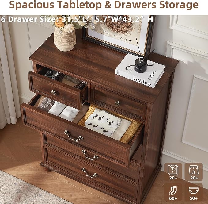 Joaxswe Farmhouse 6 Drawer Dresser for Bedroom, 42" Tall Rustic Chests of Drawers w/ 4 Solid Wood Feet, Mid Century Modern Wooden Closet Storage Dressers Organizer for Living Room, Hallway,Brown - Image 4