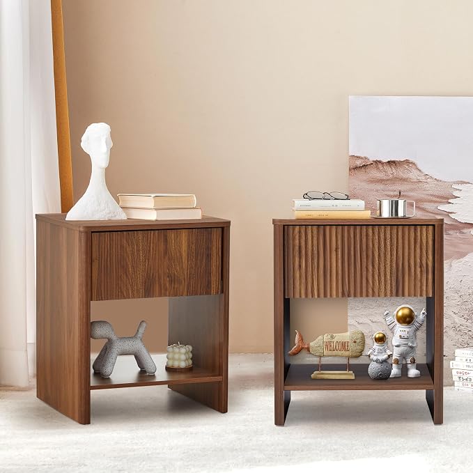 Mid Century Modern Night Stand Set 2 with Drawer, Farmhouse Nightstand for Bedroom, Small End Table with Storage, Living Room/Bed Side Table for Small Spaces, Fluted Cabinet Wood Nightstand by affeivul