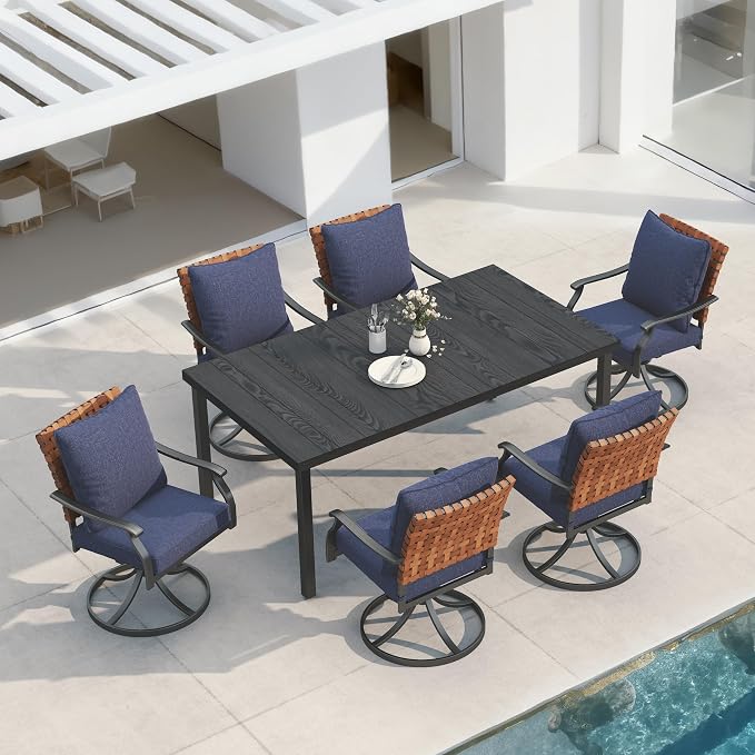 Grand patio 7-Piece Outdoor Dining Set, 6 Leather-Look Wicker Swivel Patio Chairs & 1 Straight Legs Rectangular Dining Table, Blue by GrandPatio