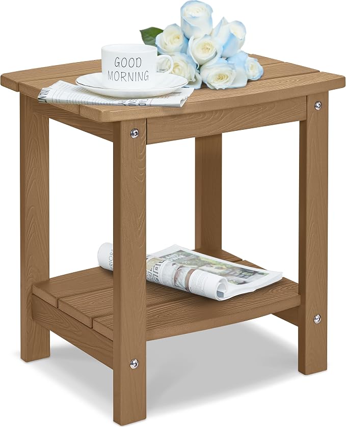 Y&M Outdoor Side Table, HIPS Adirondack Small Double Layer Table, Waterproof Square Outside Table, Balcony Modern End Tables for Patio, Pool, Beach, Porch, Deck, Indoor or Outdoor Use, Brown by YM