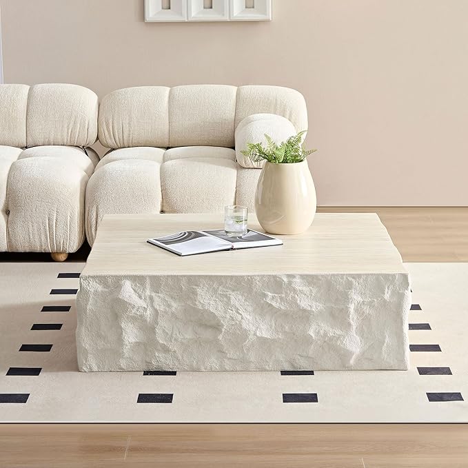 Square Coffee Table for Living Room Modern Center Table for Apartment, No Need Assembly (Fiberglass 35.43'' Cement Stone Pattern)