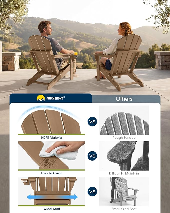 MUCHENGHY Folding Adirondack Chairs Set of 2, Patio Chairs, Lawn Chairs, Outdoor Chair, Adirondack Chair Plastic, Fire Pit Chairs, Weather Resistant with Cup Holder for Deck, Backyard, Garden(Teak) - Image 7