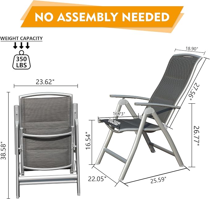 Domi Patio Folding Chairs Set of 2, Aluminium Frame Outdoor Reclining Patio Chairs for Garden Camping Poolside Beach Deck, Adjustable High Back Lawn Chairs with Soft Cotton-Padded Seat, Dark Gray - Image 2
