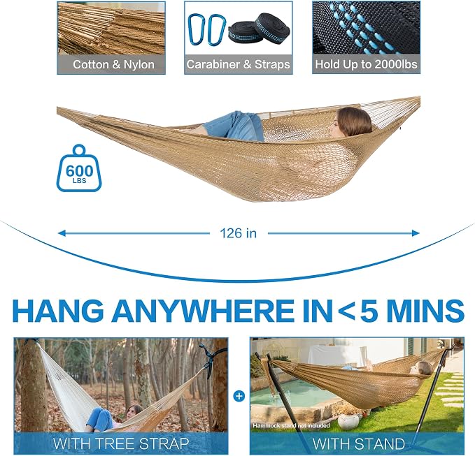 PNAEUT Handwoven Mayan Hammock, Thick Soft Rope Double Hammock for Outdoor Outside & Indoor, 600 lbs Capacity Heavy-Duty, Includes Tree Straps, Carabiners & Carrying Bag(Tan, X-Large) - Image 6