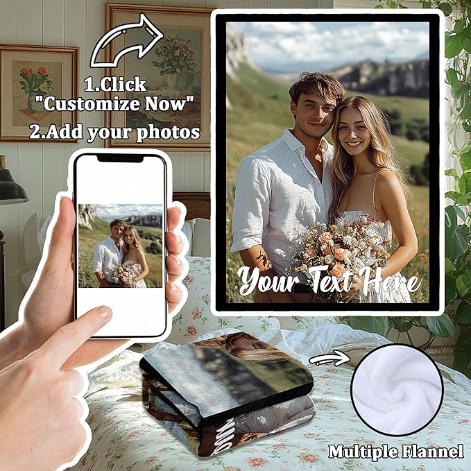 Custom Blanket with Picture Text, Personalized Throw Photo Blanket, Customized Valentine's Day for Boyfriend Girlfriend Husband Wife, Couple Gifts for Him/Her