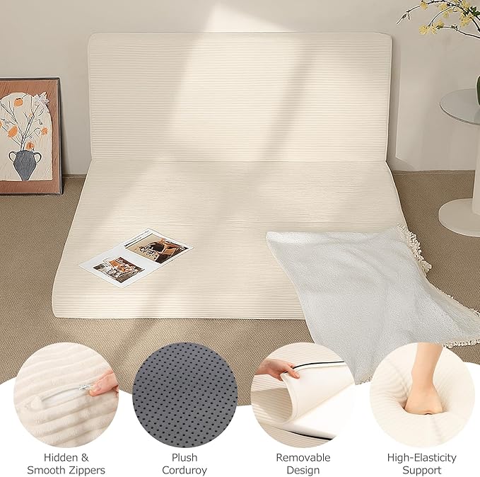 6-Inch Tri-Folding Mattress Queen Size - Foldable Futon Sofa Bed with Removable Washable Cover, Folding Futon Mattress | Non-Slip Bottom & Carry Handles for Guest, Camping, Dorm