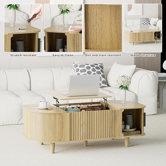 Lift Top Coffee Table, Oval Mid Century Modern Center Table with 3 Hidden Storage, 41" Coffee Tables with Sliding Door and Open Cabinet for Living Room Bedroom Office, Natural Wood