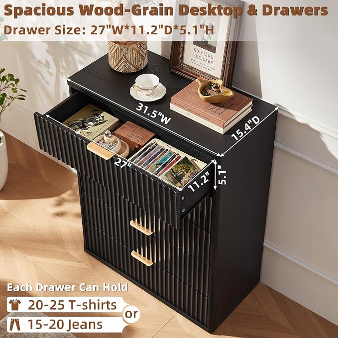 LEYAOYAO Fluted 5 Drawers Dresser for Bedroom Set of 2, 41" Tall Modern Chest of Drawers with Metal Handle, Curved Profile Design,Black Wood Drawer Organizer for Bedroom, Living Room, Hallway - Image 6