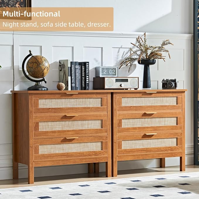 LEYAOYAO 31.5" Wide Rattan Nightstand, Large Boho 3 Drawer Night Stand, Tea Brown Bedside Table with Storage, Tall Bed Side End Tables, Chest of Drawers Dressers for Bedroom, Living Room, Hallway - Image 6