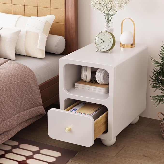 Solid Wood Nightstand, Narrow Night Stand with Drawers, White Mid Century Modern Nightstand, Small Beside Table with Open Storage Shelf for Bedroom (12 inch) - Image 2