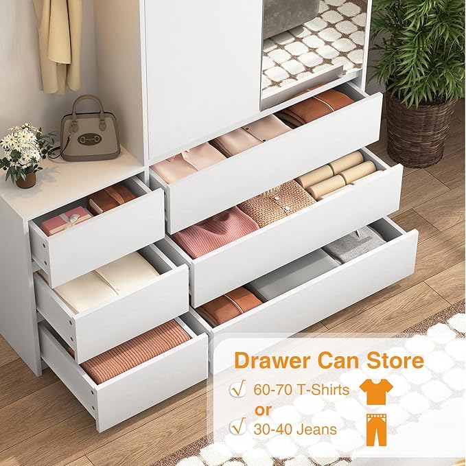 72'' Armoire Wardrobe Closet with Mirror Door & LED Lighting, Large Freestanding Modern Wooden 2 Doors Closet with 6 Drawers & 3 Storage Shelves & Hanging Rod & 2 Hooks for Bedroom (White)