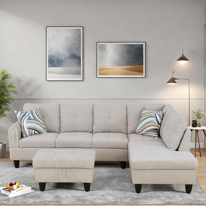 FONTOI L Shaped Sectional Couches, Modern Modular Sectional Sofa for Living Room Bedroom Furniture, Cozy 4 Seat Couch with Ottoman Storage & Chaise, Gray White