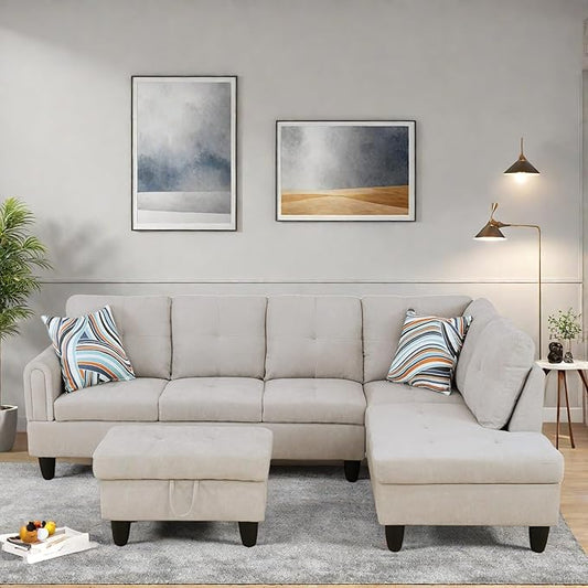 FONTOI L Shaped Sectional Couches, Modern Modular Sectional Sofa for Living Room Bedroom Furniture, Cozy 4 Seat Couch with Ottoman Storage & Chaise, Gray White