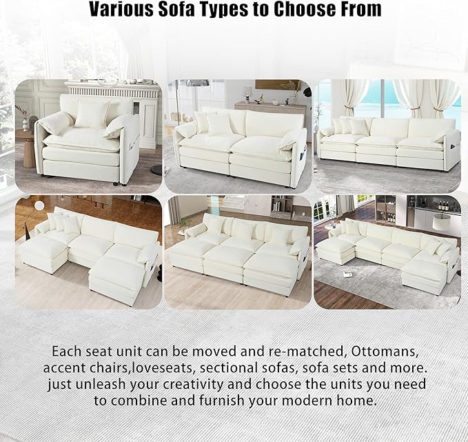 109-Inch U-Shaped Sectional Cloud Sofa Oversized Modular 5 Seaters Sofa Couch with 2 Ottoman Chaise and Pillow Armrest, Chenille Upholstered Convertible Cloud Couch