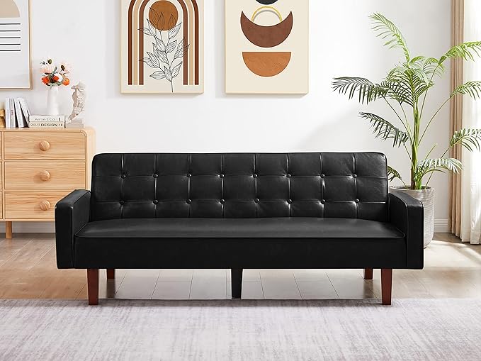 Modern PU Leather 3-Seat Couch, Adjustable Backrest Convertable Sofa, Sleek Minimalist Fold Out Couch Loveseat with Armrests, Sofa for Living Room Home Office Spaces, Black