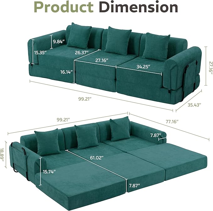 100" Convertible Sleeper Sofa Bed, Oversized Modular Sectional Cloud Sofa with Fixed-Shape Frame & Tabletop, Boneless Couch with Storage Pocket for Living Room, No Assembly Required, Green
