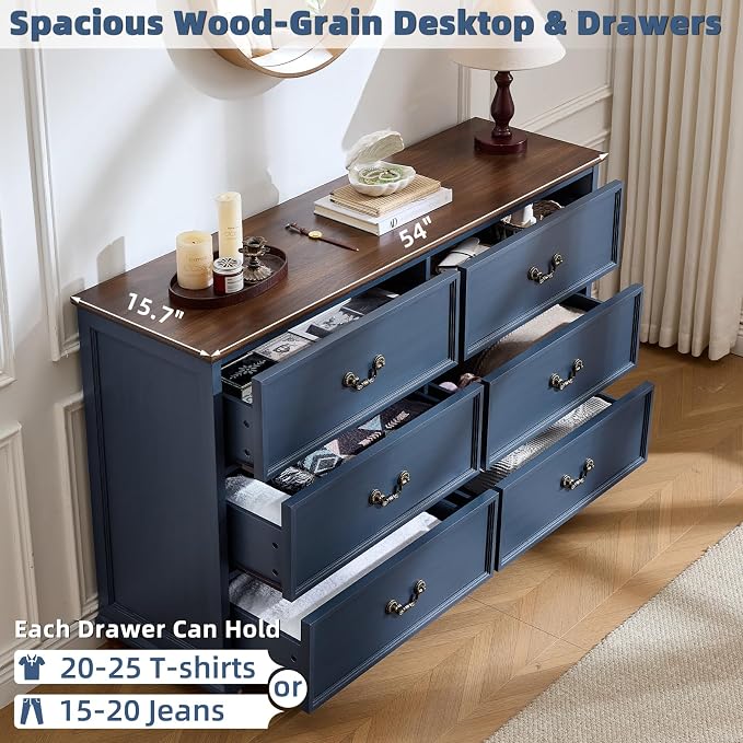 Joaxswe Farmhouse 6 Drawers Dresser for Bedroom, Vintage 54" Wide Chest of Drawers w/ 4 Wooden Legs, Rustic Large Closet Storage Dressers Organizer for Hallway, Wood TV Stand for Living Room, Blue - Image 3