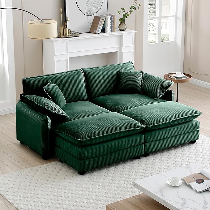 KEIKI 81" Oversized Corduroy Modular Sectional Loveseat Sofa with 2 Ottoman, High-Density Foam Cushions, Removable Armrests, Upholstered 2-Seater Corner Couch with 4 Pillow, for Living Room, Green