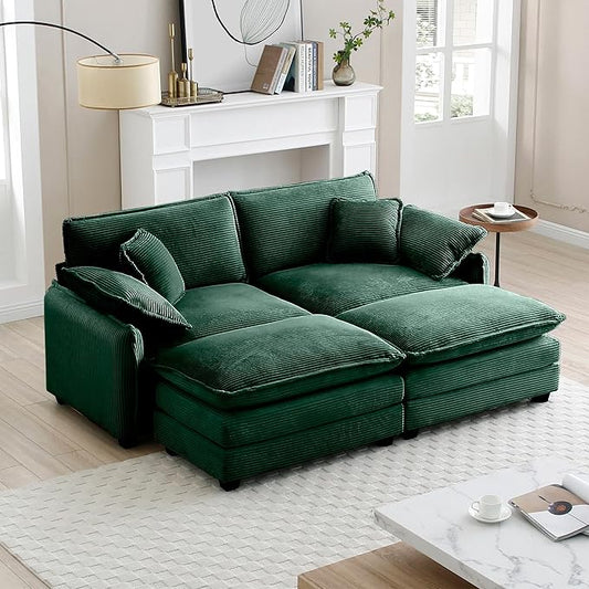KEIKI 81" Oversized Corduroy Modular Sectional Loveseat Sofa with 2 Ottoman, High-Density Foam Cushions, Removable Armrests, Upholstered 2-Seater Corner Couch with 4 Pillow, for Living Room, Green