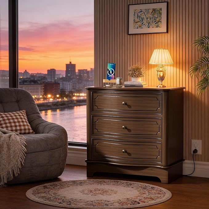 3 Drawers Dresser for Bedroom with Charging Station, 28" Wide Small Chests of Drawers, Farmhouse Wood Nightstand Bedside Cabinet End Table for Bedroom, Living Room, Closet, Hallway by LegacyAmerhomeDirect