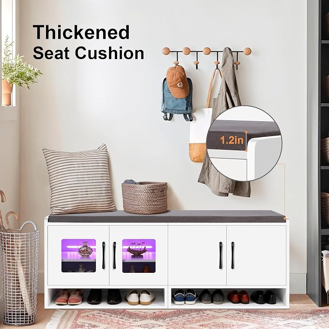 Shoe Bench with Thickened Cushion,Entrance Bench with Glass Door and Ambient Light,Three-Layer Shoe Rack,Color Changing Light Strip, Two Large Storage Spaces,Living Room,Bedroom,White - Image 5