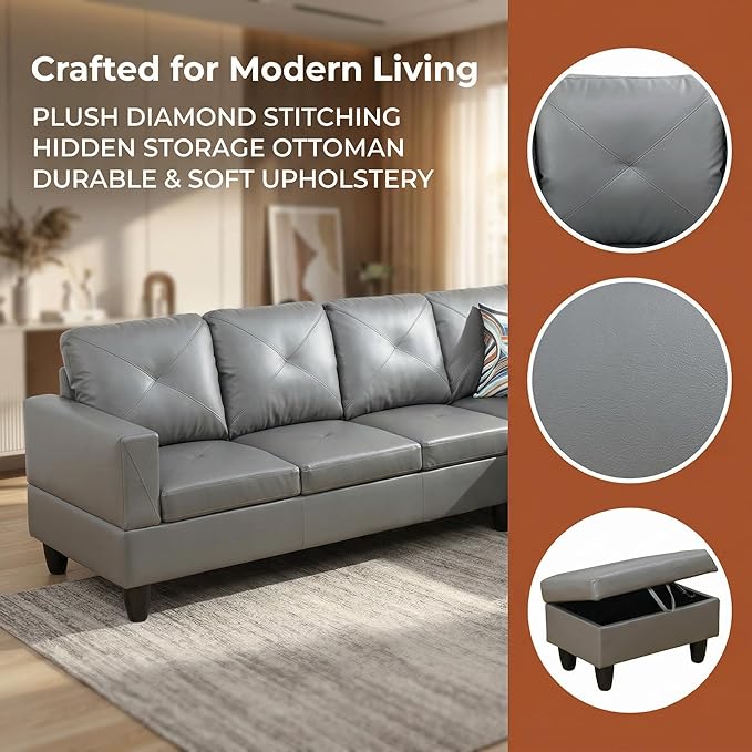 NicBex Modular L-Shaped Sectional Couches, 3-Piece Convertible Couch with Storage Ottoman, 4-Seat Comfy Sofa with Chaise for Living Room & Apartment, Dark Grey