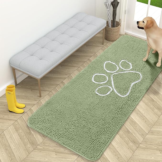 OLANLY Dog Door Mat for Muddy Paws 59x24, Paw Print Design, Absorbs Moisture and Dirt, Non-Slip Washable Doormat, Quick Dry Chenille Mud Mat for Dogs, Entry Indoor Entryway Carpet, Sage Green by OLANLY