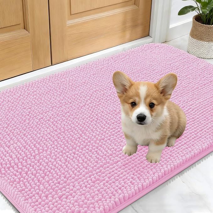 OLANLY Dog Door Mat for Muddy Paws 24x16, Absorbs Moisture and Dirt, Absorbent Non-Slip Washable Doormat, Quick Dry Chenille Mud Mat for Dogs, Entry Indoor Entryway Carpet for Inside Floor, Pink by OLANLY