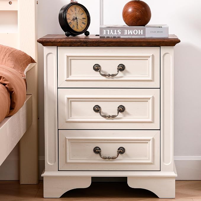 Farmhouse Night Stand with Charging Station, Bedside Table with 3 Drawers Storage and Outlets, Wood Nightstand for Bedroom, Living Room, Closet (White) by Easy-LivingFurniture
